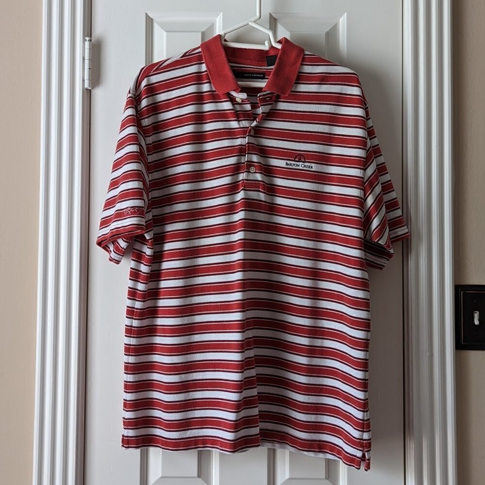 Greg Norman Size Large Mens Polo Orange/White Stripes Barton Creek Golf Logo